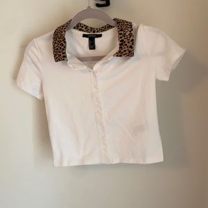 white collared shirt w/ cheetah print trim